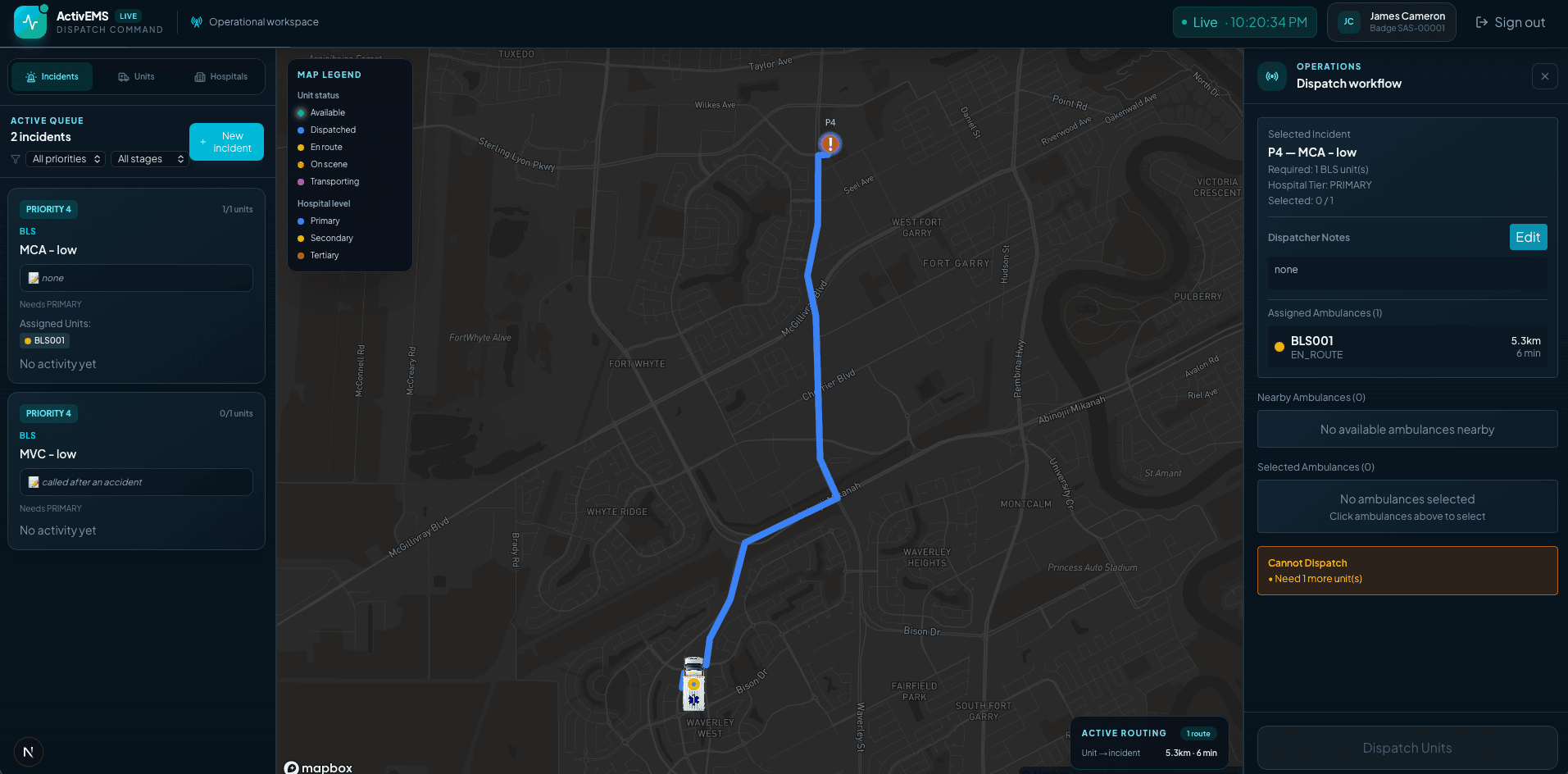 Activ Rescue live dispatch command console with map, incident queue, and unit workflow
